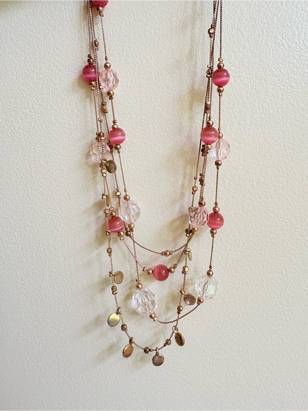 Vintage Layered Pink Moon glow Bead & Crystal Necklace 18”-22”